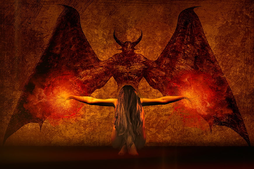 Dark fantasy woman casting fire magic with demon silhouette