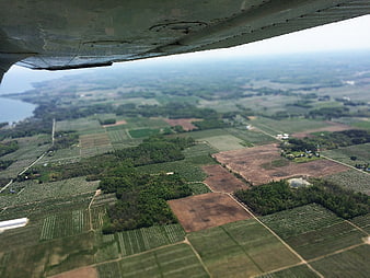 Aerial View of Agricultural Fields from Airplane Window