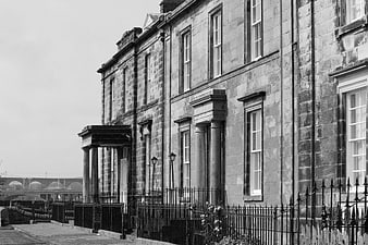 Black and white photo of historic stone architecture