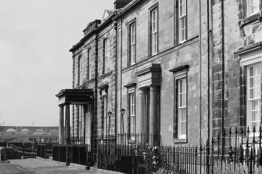 Black and white photo of historic stone architecture