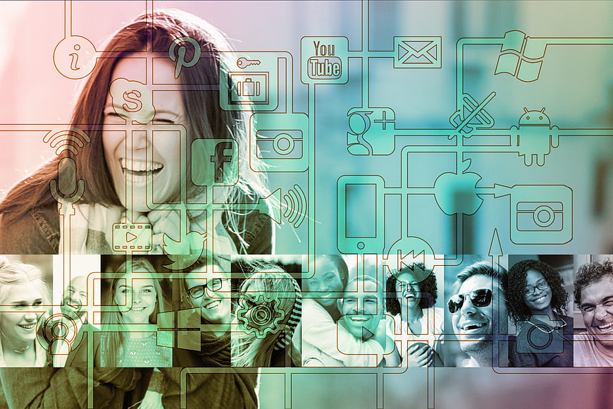 Social Media Marketing Concept With Smiling People And Tech Icons
