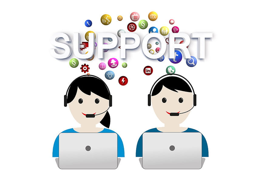 Customer Support Illustration with Headsets and Social Media Icons