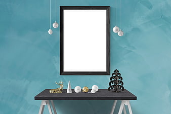 Black Picture Frame Mockup On Teal Wall With Christmas Decor