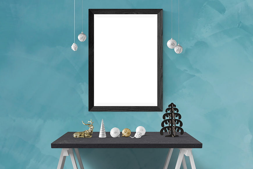 Black Picture Frame Mockup On Teal Wall With Christmas Decor