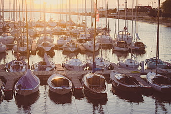 Sailboats docked in marina at golden hour sunset