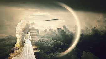 Fantasy woman in white dress standing on stone stairs in clouds
