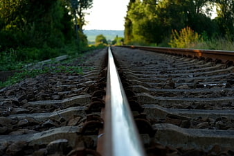 Low Angle Close Up of Train Tracks in Countryside