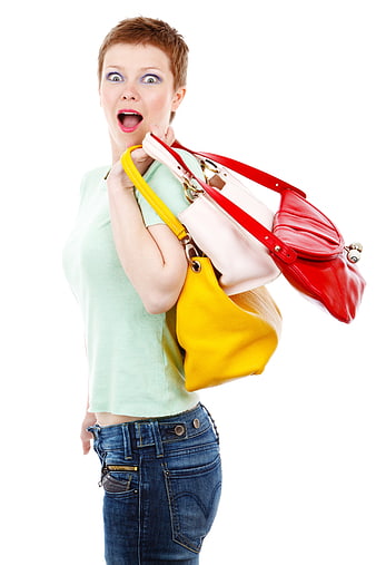 Surprised Woman Holding Multiple Colorful Handbags Against White Background