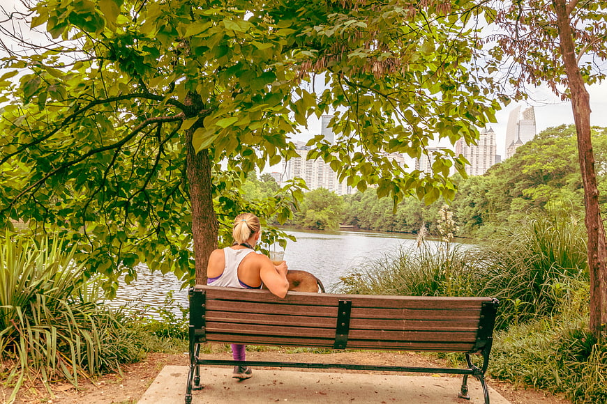 Woman Relaxing on Park Bench with City Skyline View