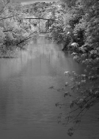 Black and white infrared landscape of a bridge over a river