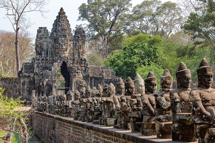 Ancient Stone Guardian Statues at Angkor Thom Temple Ruins