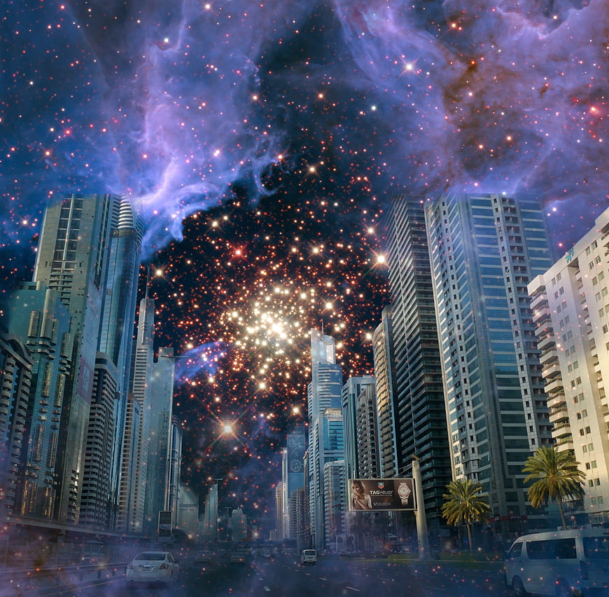 Surreal Cityscape With Cosmic Nebula Sky And Skyscrapers