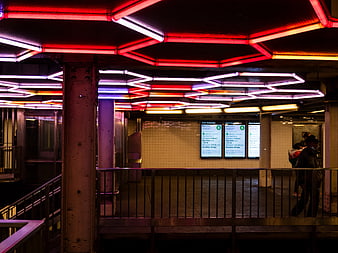 New York City Subway Station with Neon Art Installation