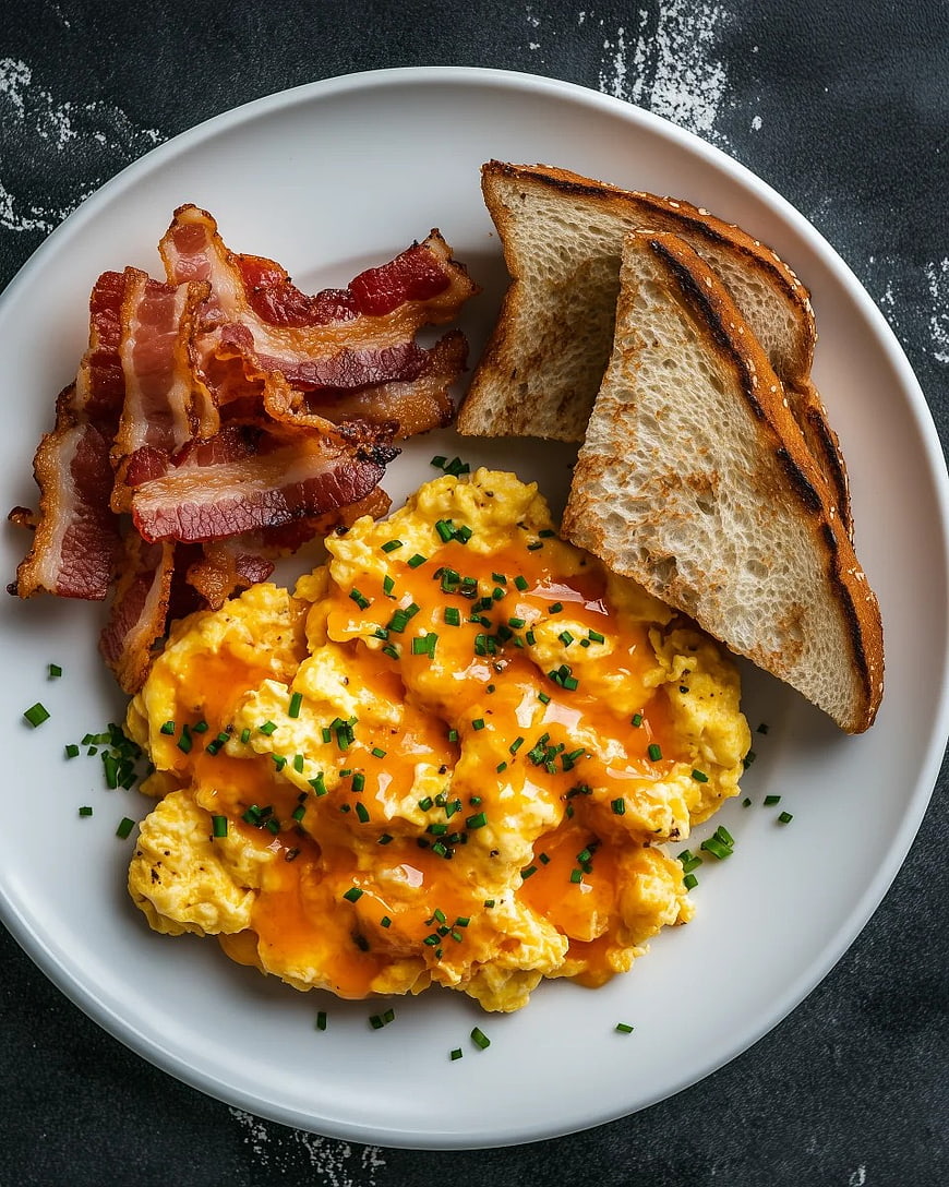 Cheesy Scrambled Eggs with Bacon and Toast on White Plate