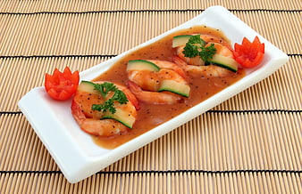 Gourmet Shrimp Appetizer with Sauce on Bamboo Mat