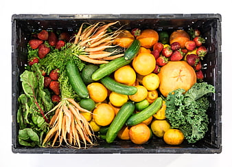Top-Down View of Fresh Organic Produce in Black Plastic Crate