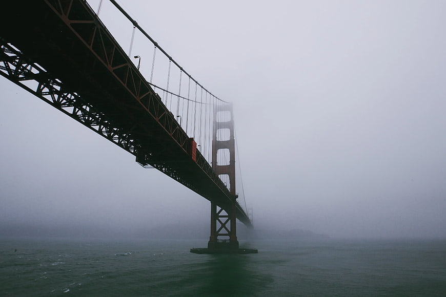 Golden Gate Bridge in thick fog, San Francisco