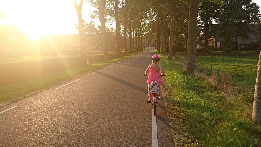 Young girl in pink dress riding bicycle on tree-lined road at golden hour