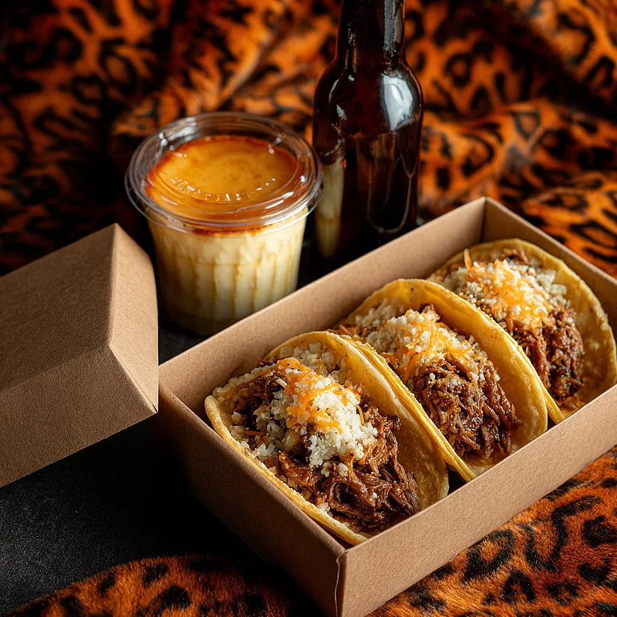 Box of Pulled Pork Tacos with Flan Dessert
