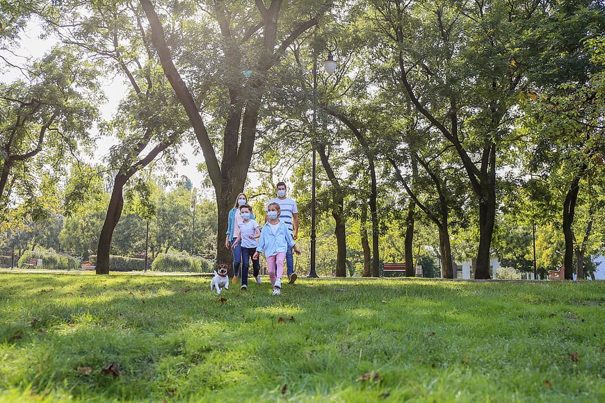 Family with dog walking in park wearing face masks