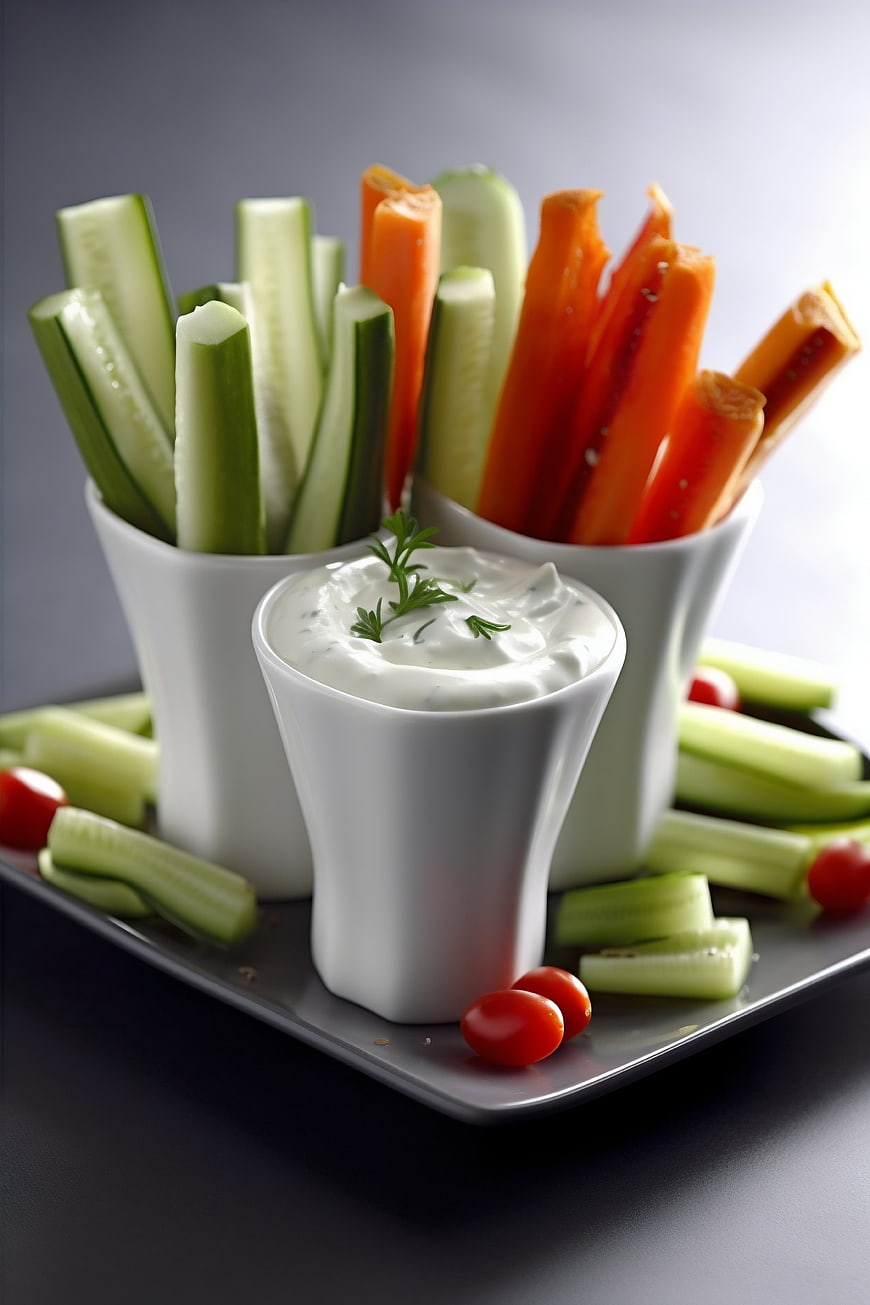 Fresh vegetable sticks with creamy dip on a plate