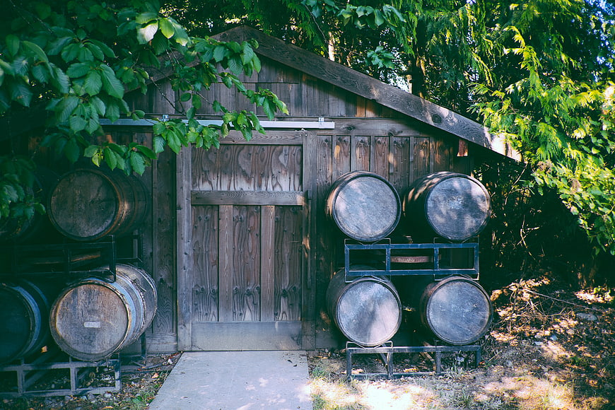 Rustic wooden shed with stacked barrels in forest