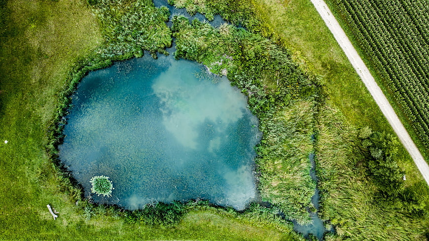 Aerial View of Turquoise Pond in Green Meadow