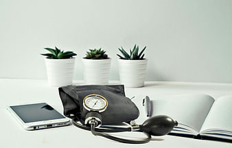 Medical Equipment Still Life With Smartphone And Succulents