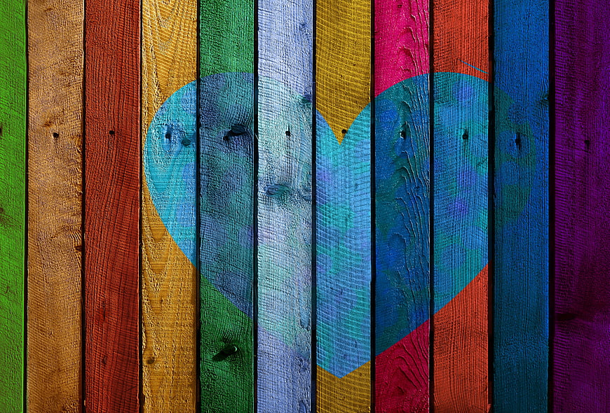 Colorful Wooden Planks with Blue Heart Background