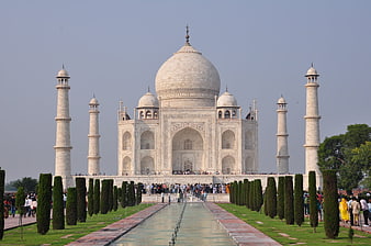 Taj Mahal Front View With Reflecting Pool And Tourists