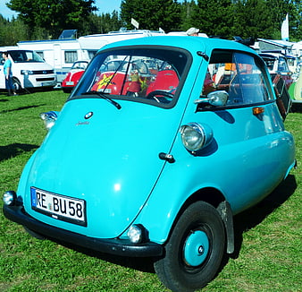 Vintage Turquoise BMW Isetta Bubble Car at Outdoor Show