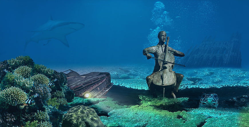Fantasy Underwater Scene With Cello Sculpture, Shark, And Coral Reef