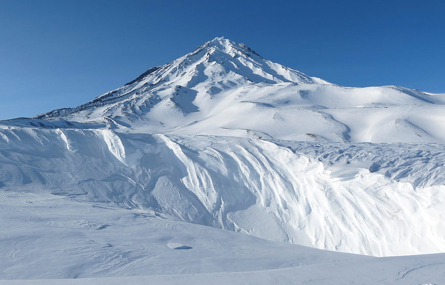 Snowy Koryaksky Volcano Peak in Kamchatka Winter Landscape