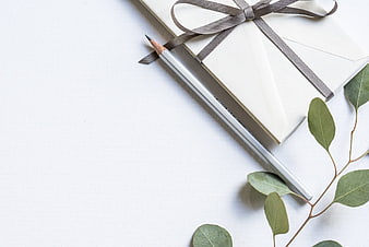 Minimalist white notebook with ribbon and eucalyptus leaves