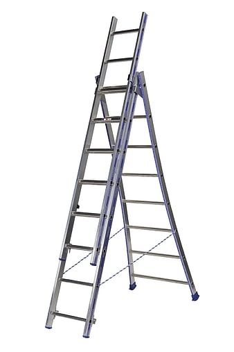 Silver Aluminum Extension Ladder on White Background