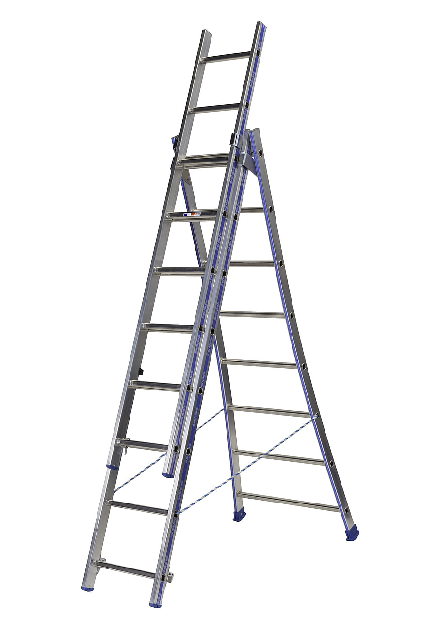 Silver Aluminum Extension Ladder on White Background