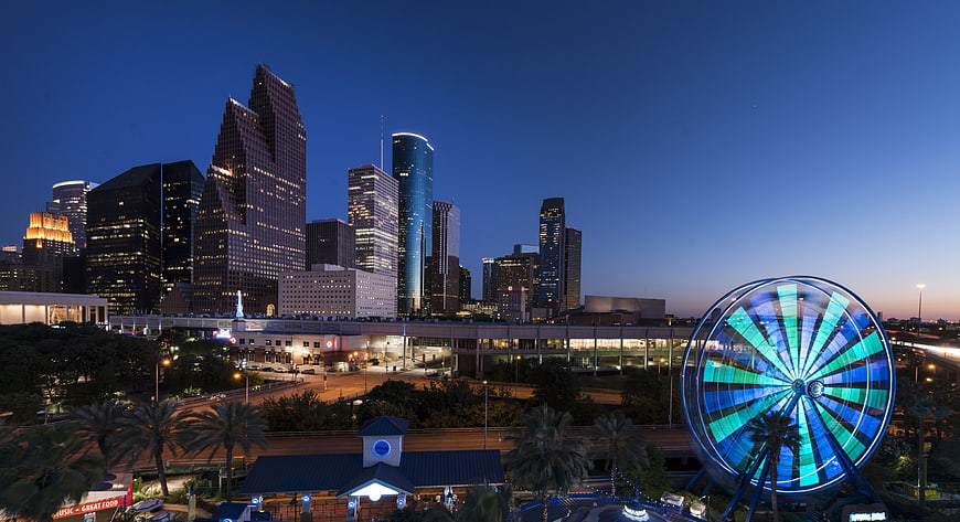 Houston Skyline At Dusk With Illuminated Ferris Wheel