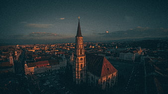 Aerial View of Historic Church Tower at Sunset