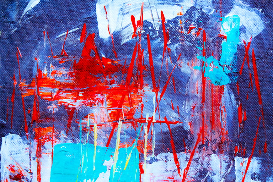 Abstract Expressionist Painting with Red and Blue Splatters