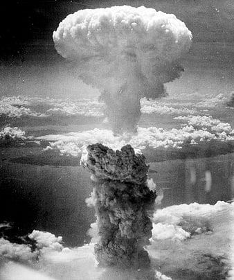 Historical Black and White Photograph of Nuclear Mushroom Cloud Explosion