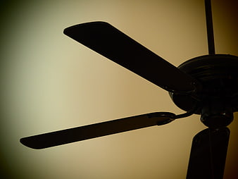 Silhouette of a ceiling fan against a warm, glowing background