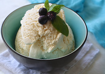 Vanilla Ice Cream Scoops with Blueberries in a Bowl