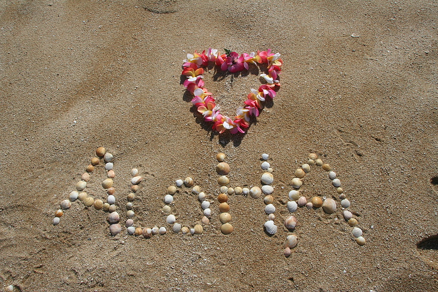 Aloha spelled with seashells and flower heart on sand