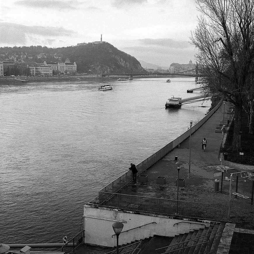 Black and white view of Danube river in Budapest with Liberty Statue