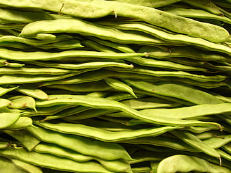 Close-up of fresh green broad beans piled together