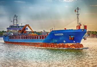 Blue Cargo Ship Ransson Sailing in Harbor