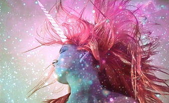Fantasy Unicorn Woman with Pink Hair and Galaxy Skin