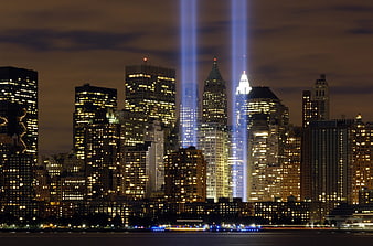 Tribute in Lights over New York City Skyline at Night