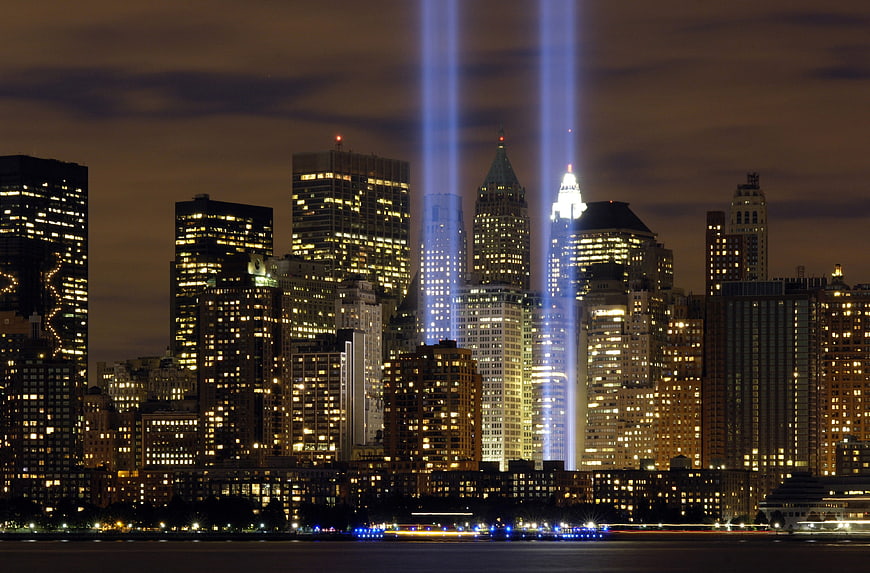 Tribute in Lights over New York City Skyline at Night