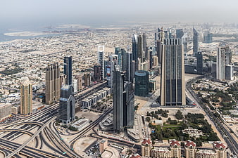 Aerial View of Dubai Downtown Skyline and Modern Skyscrapers